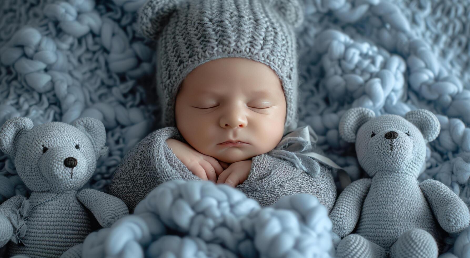 AI generated newborn baby boy sleeping in blanket with bears photo