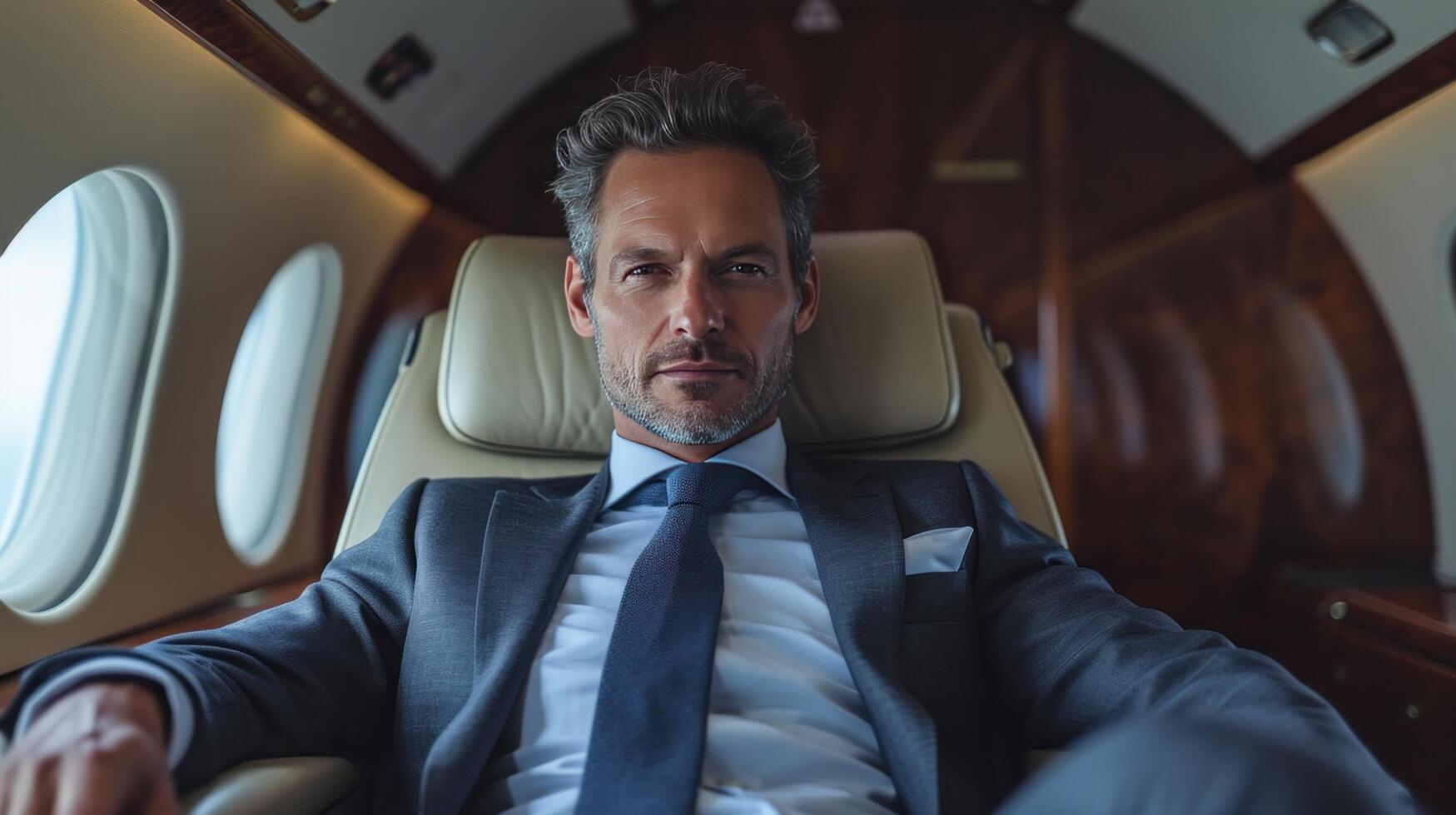 AI generated elegant business man sitting in luxury business jet photo