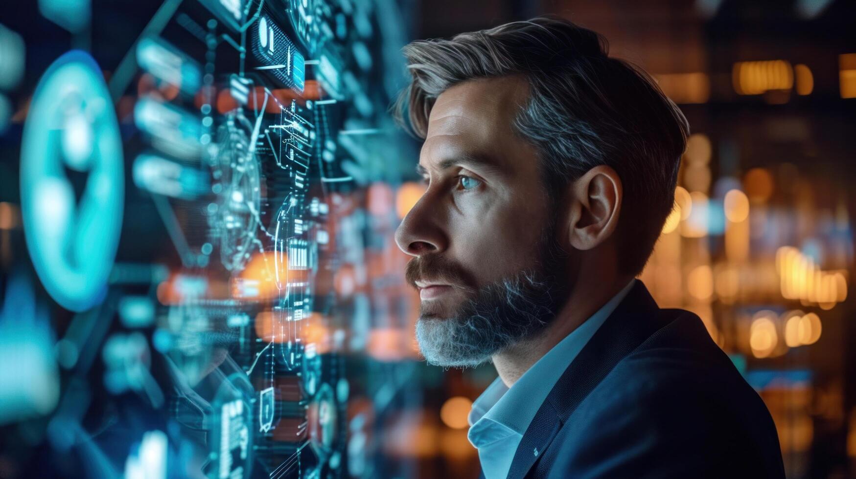 AI generated Tech-savvy businessman immersed in digital interfaces photo