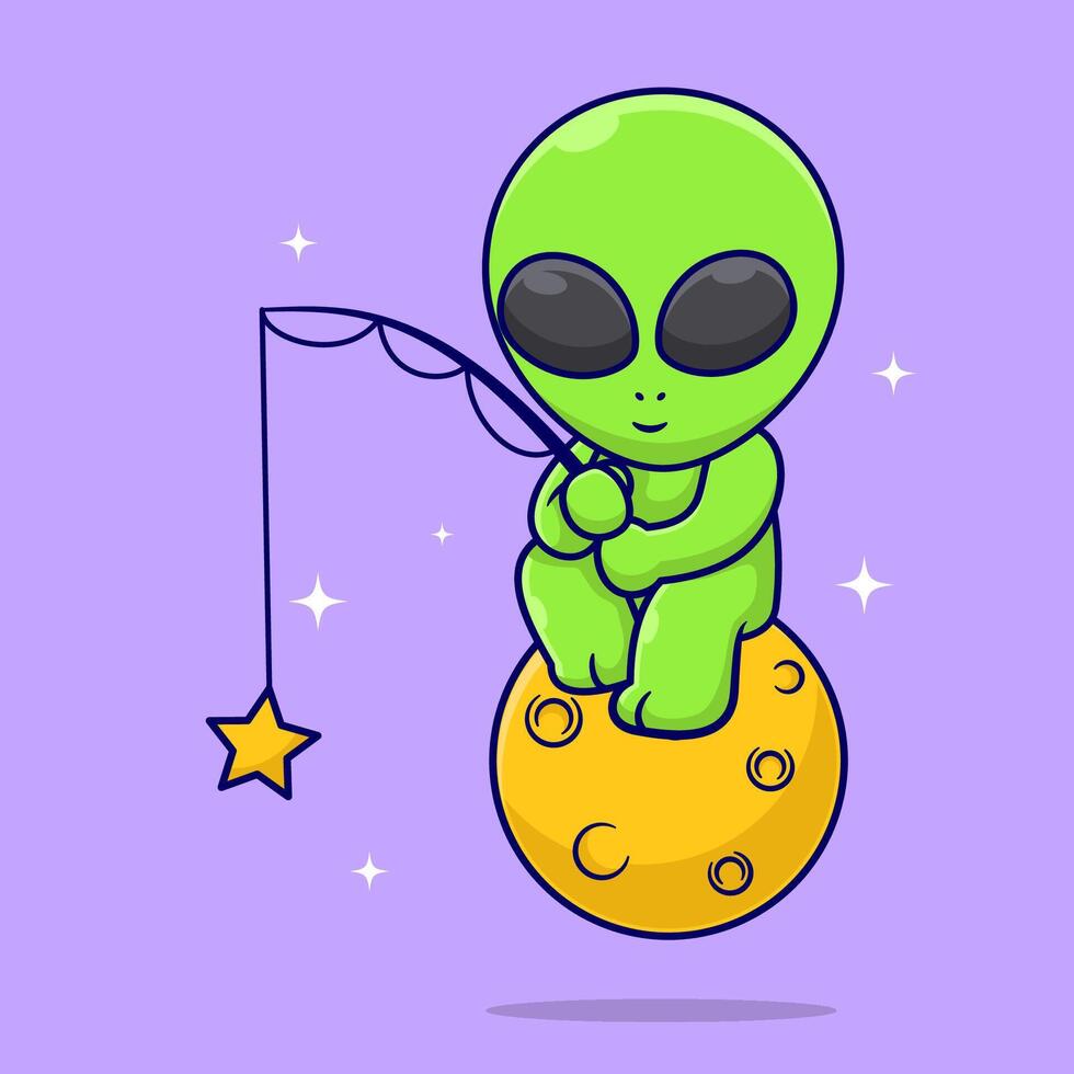 gratis vector linda dibujos animados extraterrestre pescar estrella en el cielo Arte diseño