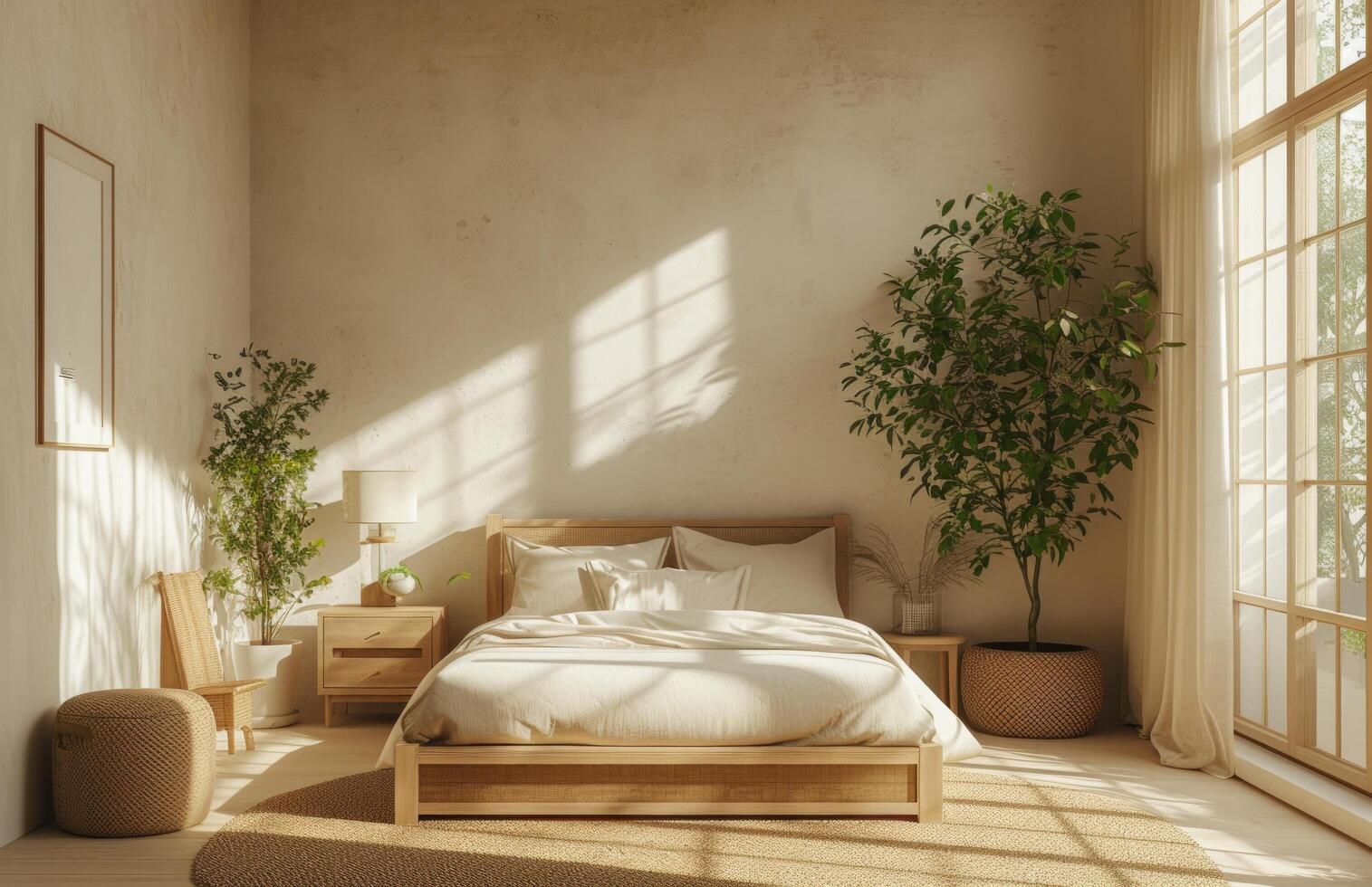 AI generated an empty bedroom with neutral furniture and fresh plants photo