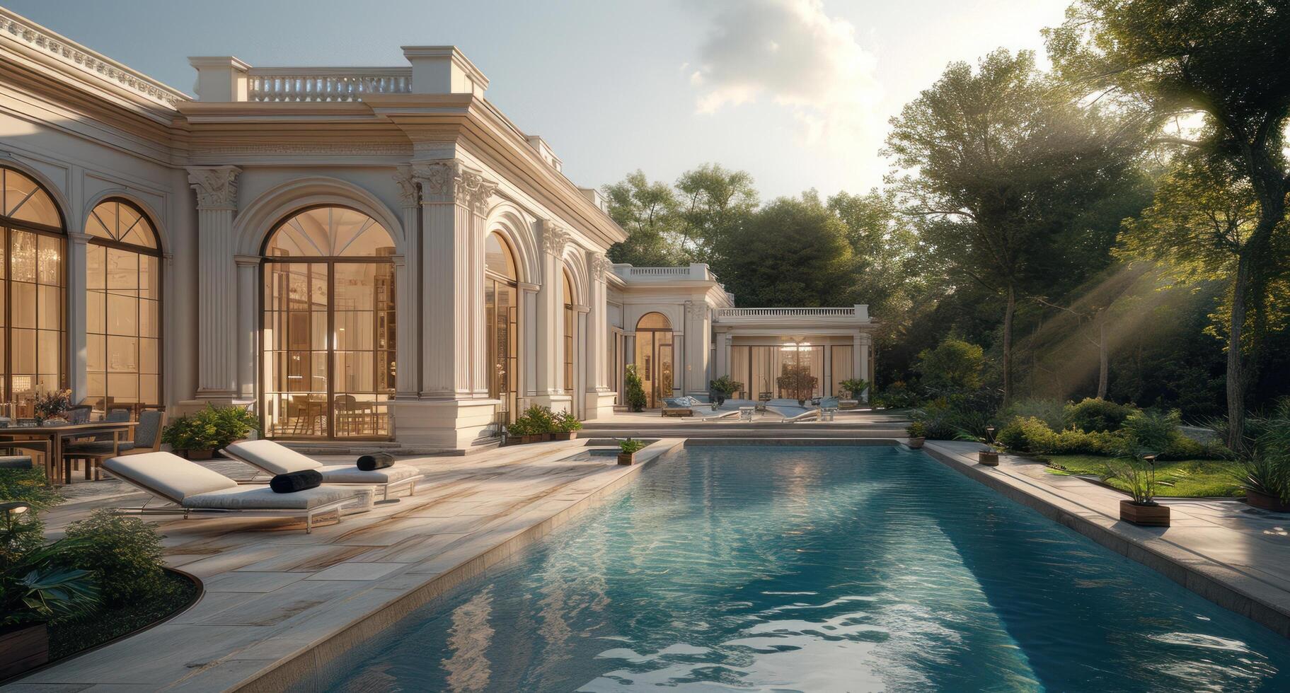 AI generated a modern and luxurious pool home photo