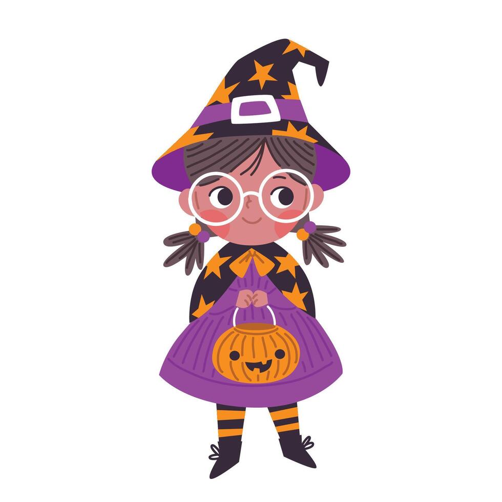 illustration of girl in witch costume with halloween pumpkin vector