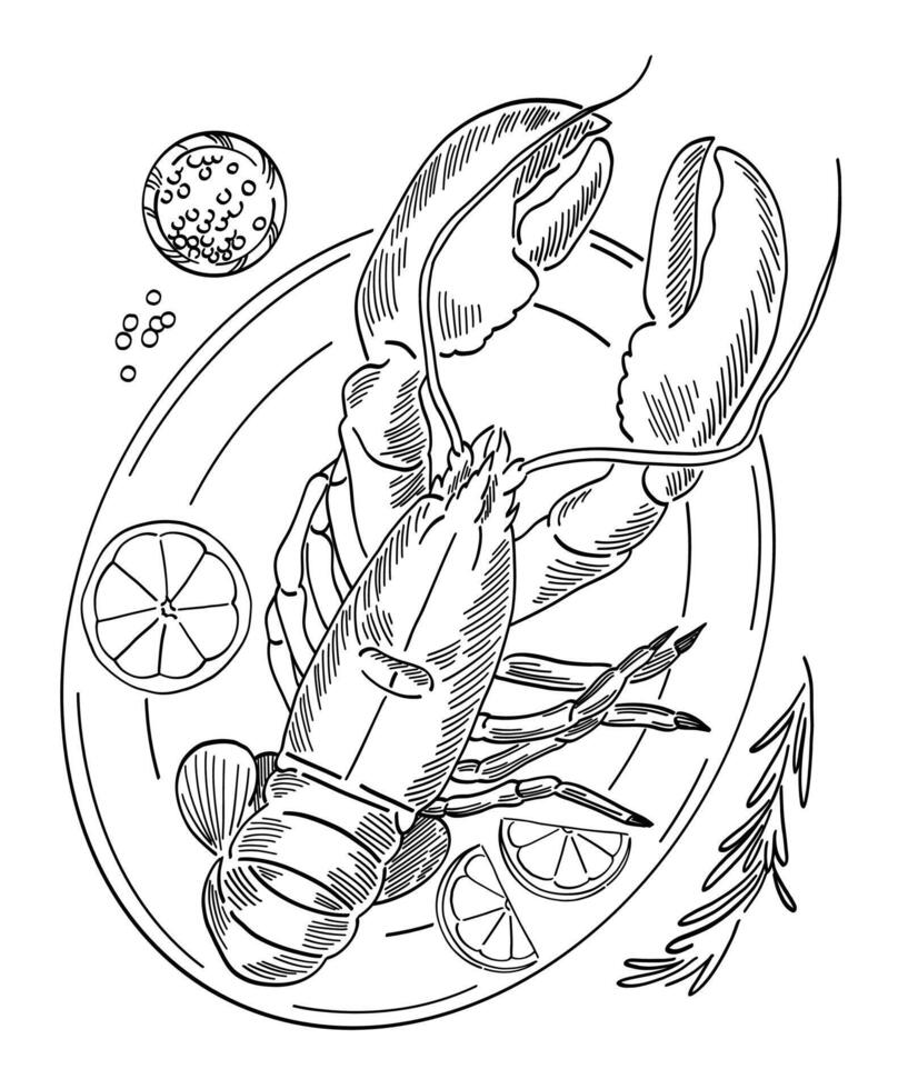 line art illustration of lobster and lemons vector