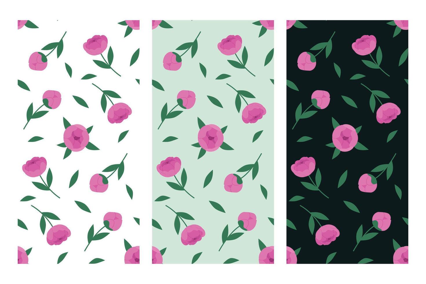 set of floral patterns white, green, black backgrounds vector