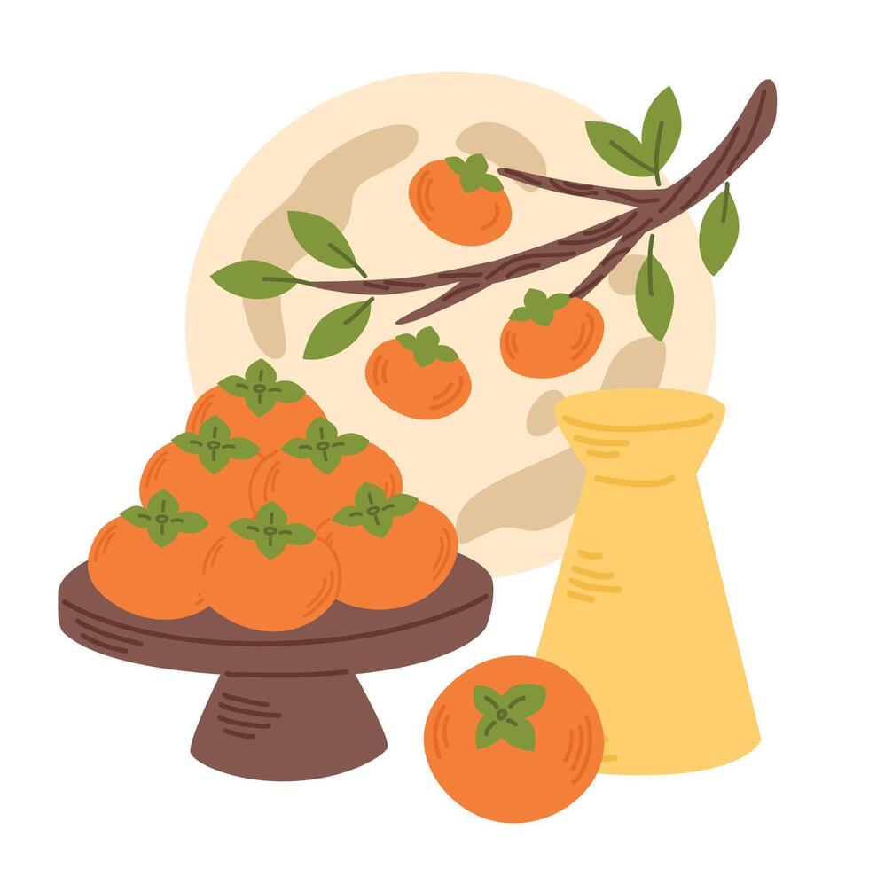 illustration of persimmon and korean traditional drink vector