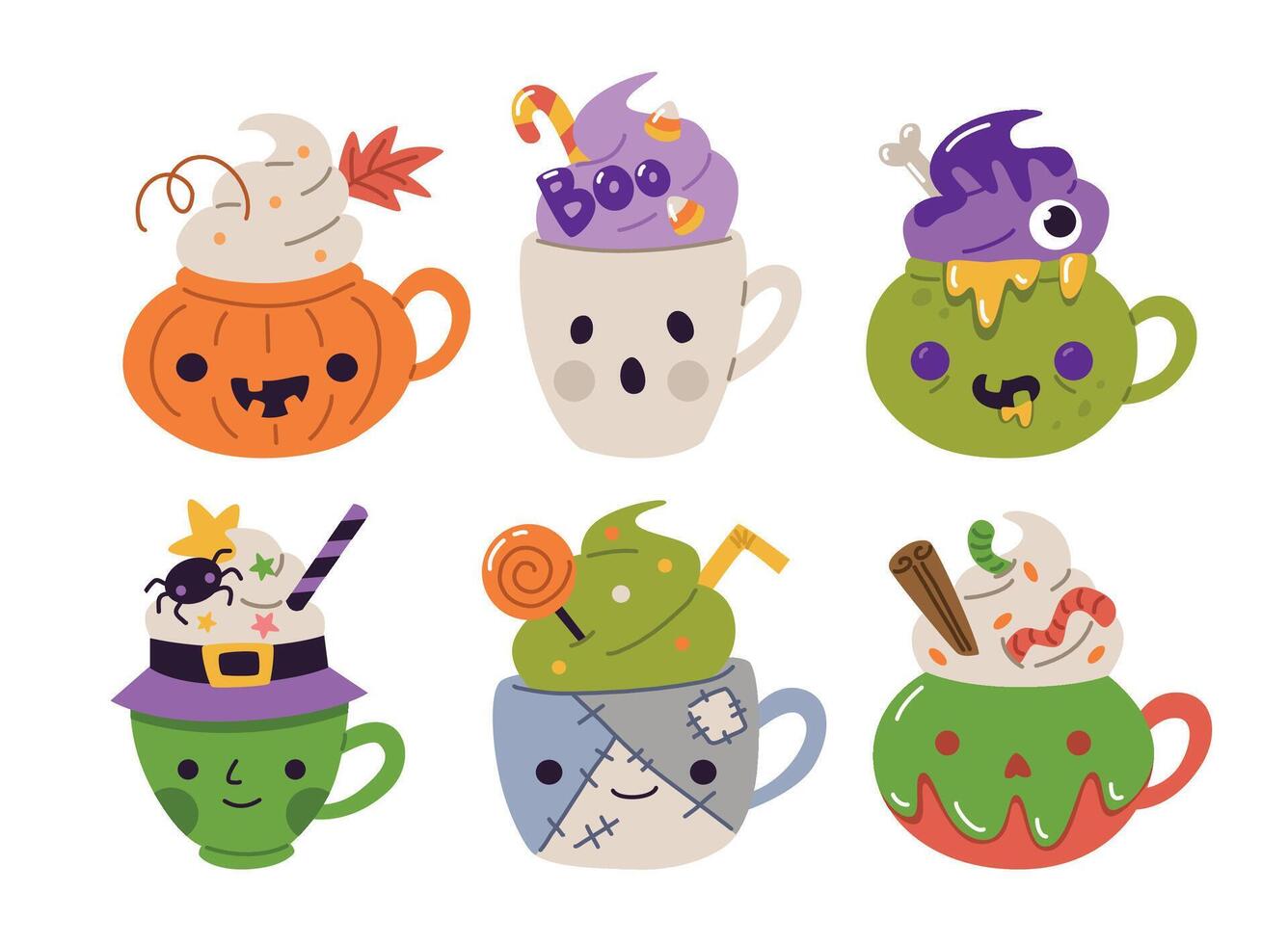 set of funny halloween monsters cups vector
