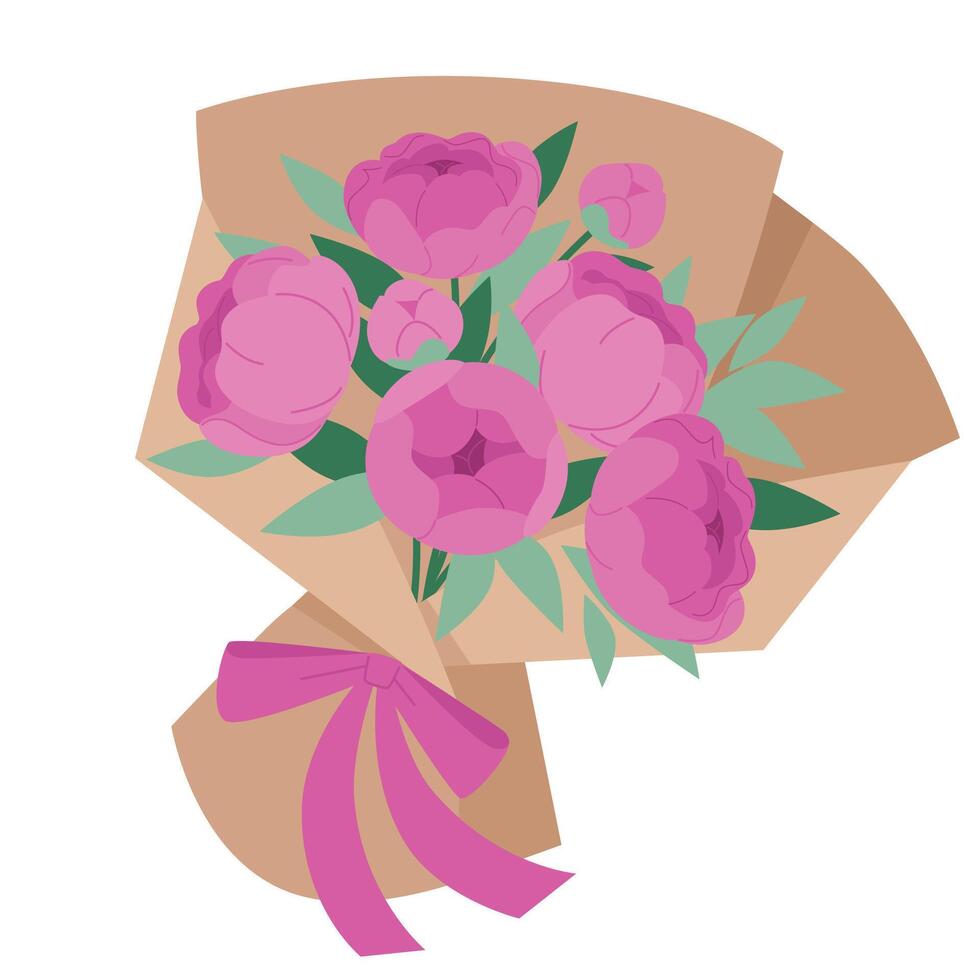 bouquet of pink peonies wrapping paper bow vector