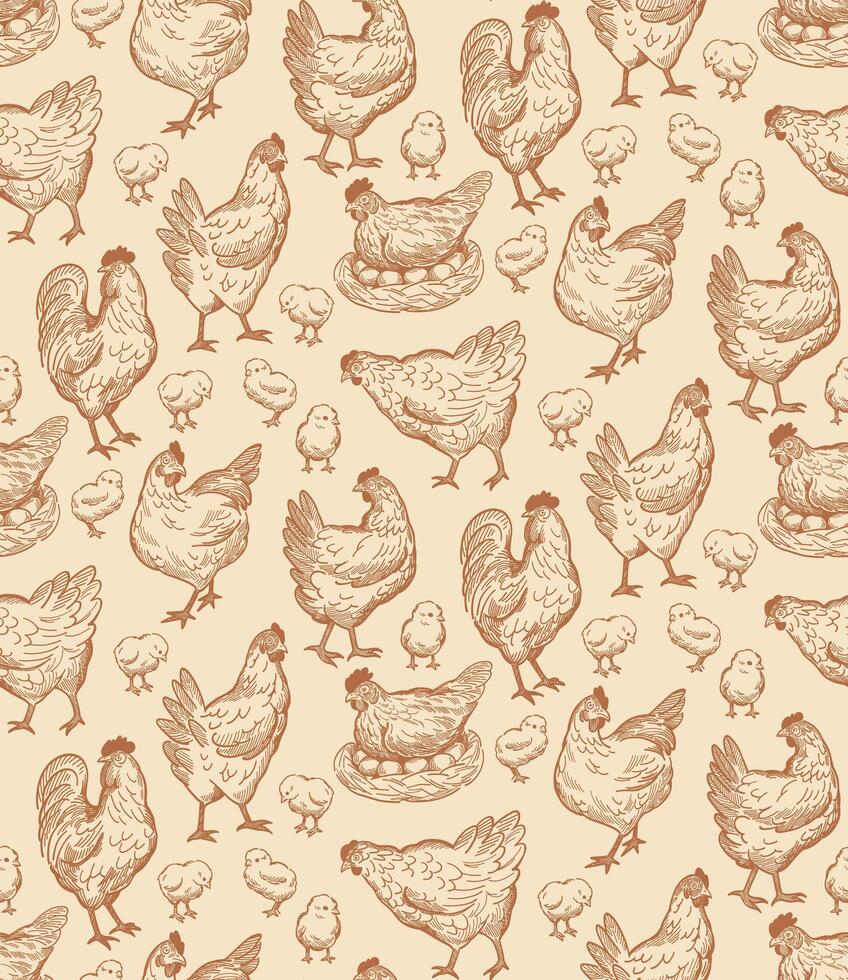 vintage patterns of chickens line art vector