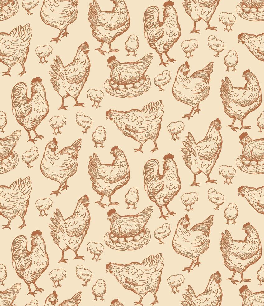 vintage patterns of chickens line art vector