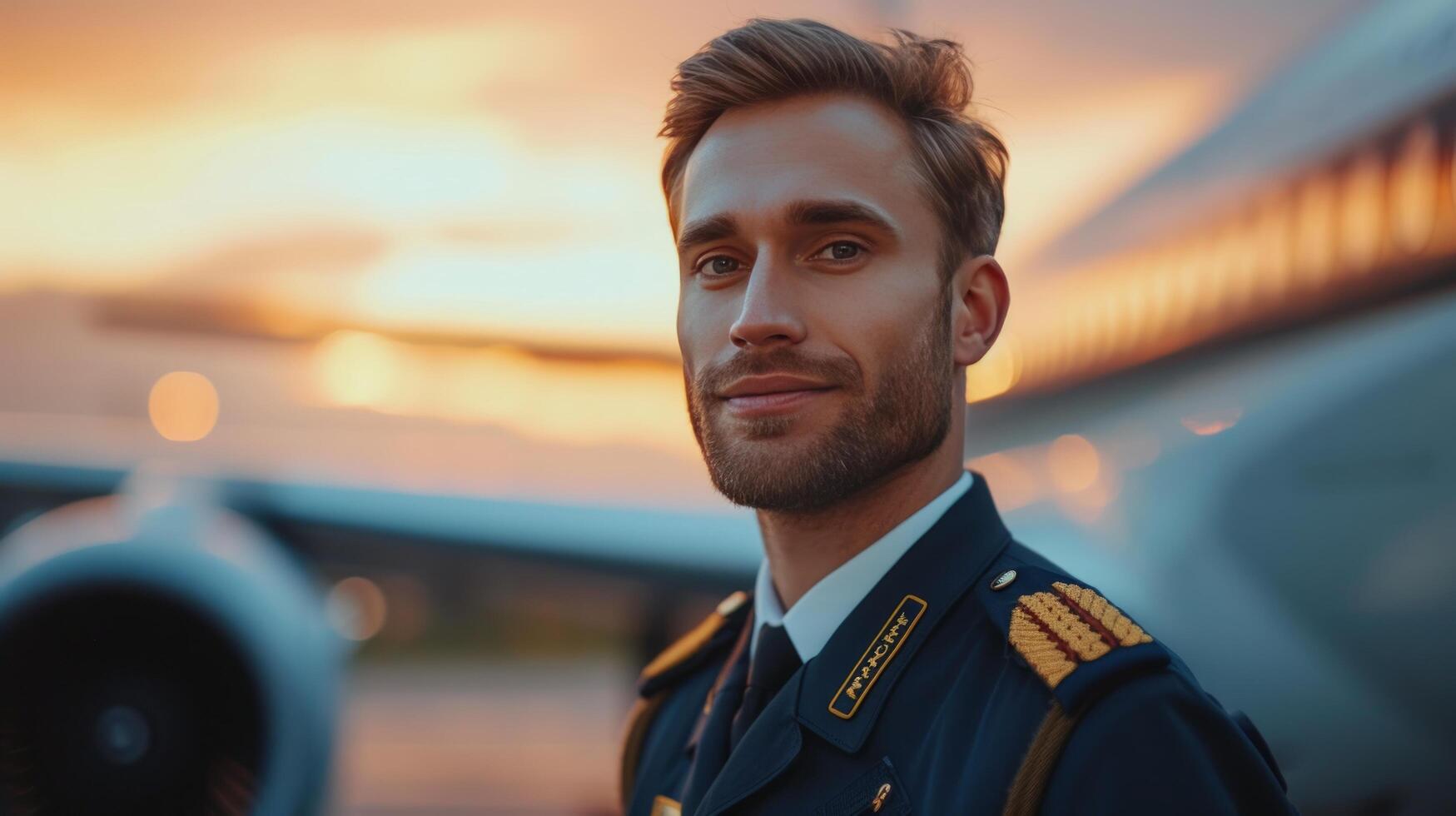 AI generated A young handsome pilot stands on a blurred background of a large passenger plane with copy space photo