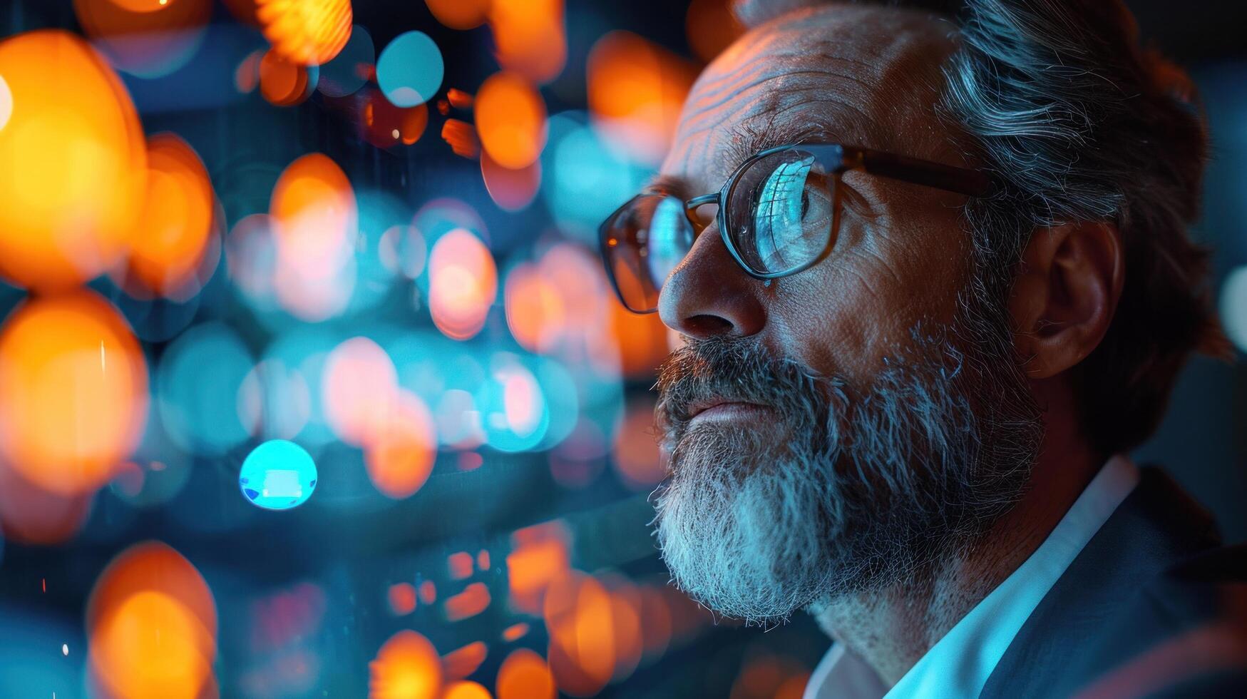 AI generated Tech-savvy businessman immersed in digital interfaces photo