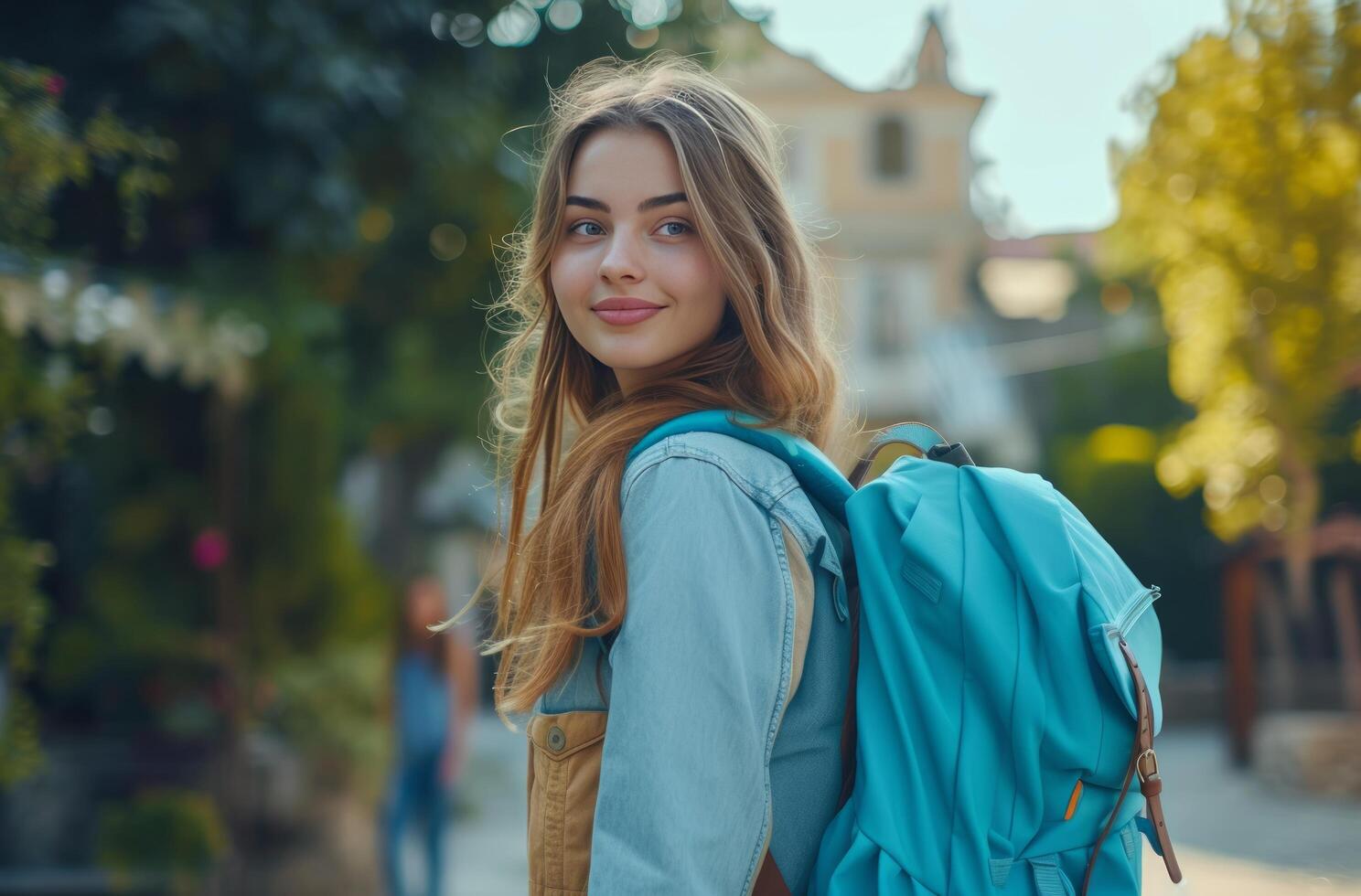 AI generated beautiful student woman walking with her backpack student photo