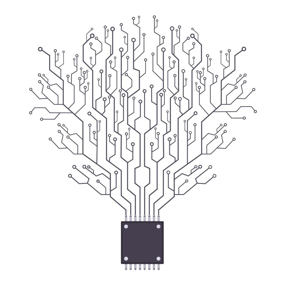 Tree branch circuit matrix growing from a CPU or microchip programming center vector