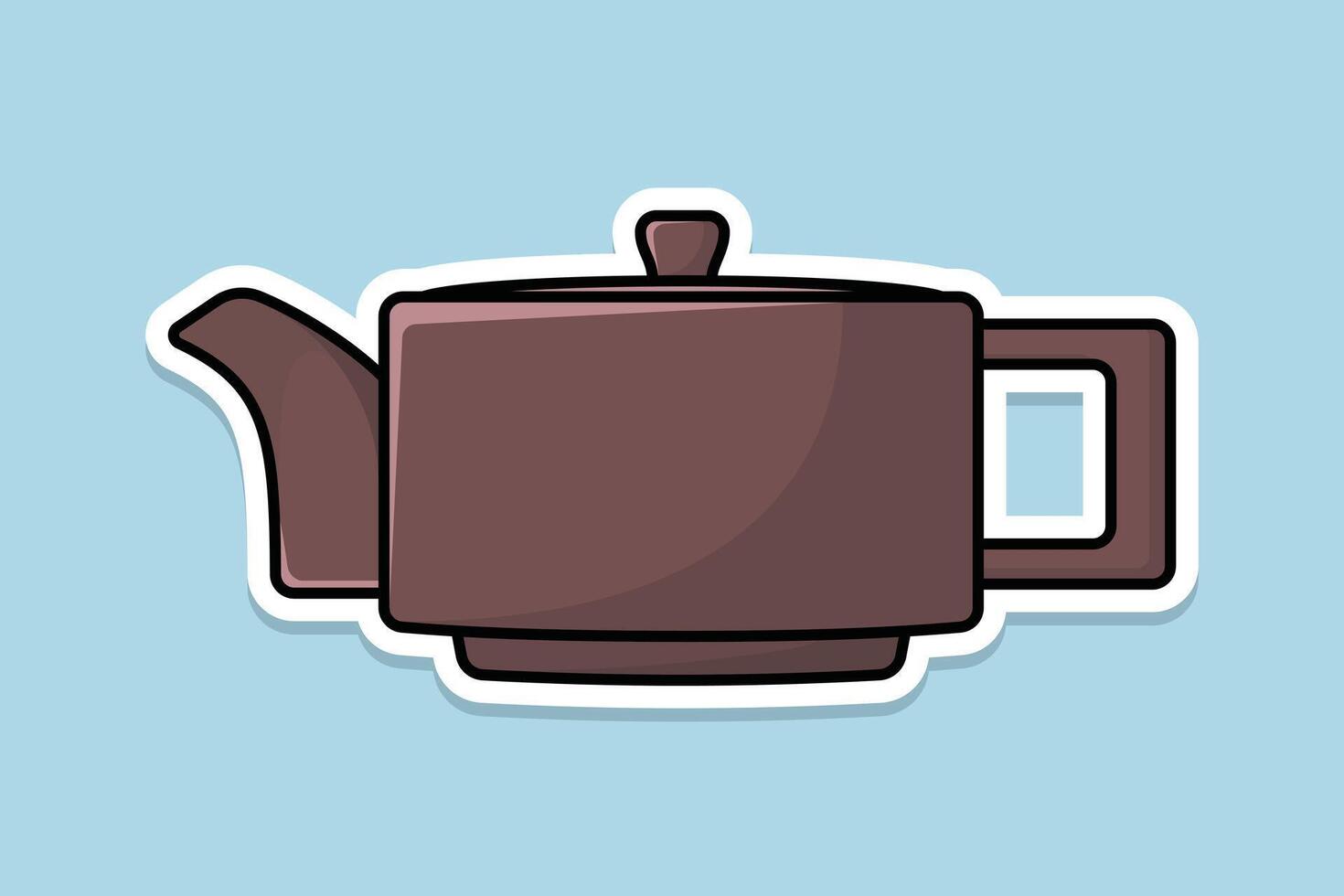 Brown Teapot sticker design vector illustration. Kitchen interior object icon concept. Breakfast Teapot with closed lid sticker design on blue background. Restaurant kettle icon logo.