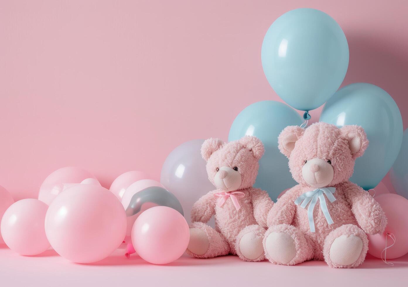 ai generado osito de peluche osos y globos en un rosado antecedentes para bebé niña foto