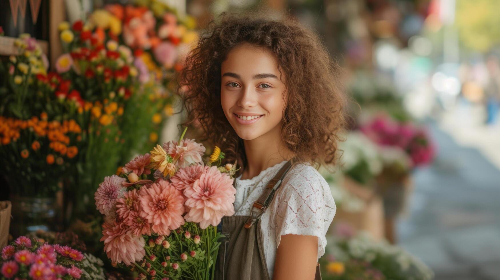 AI generated Curly girl florist collects a beautiful bouquet for the bride in a flower shop on a French street photo