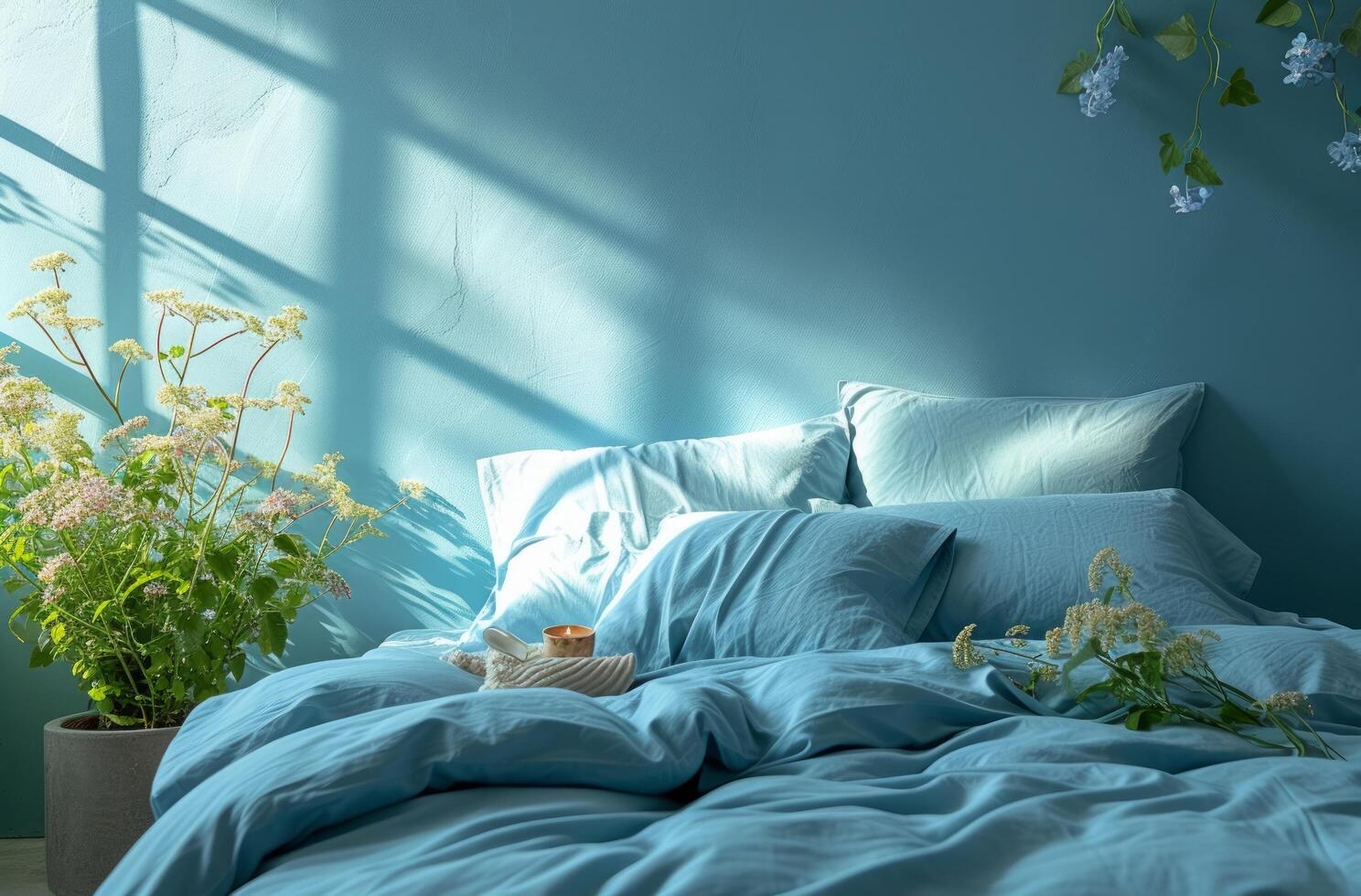 AI generated light blue duvet covers on the bed photo