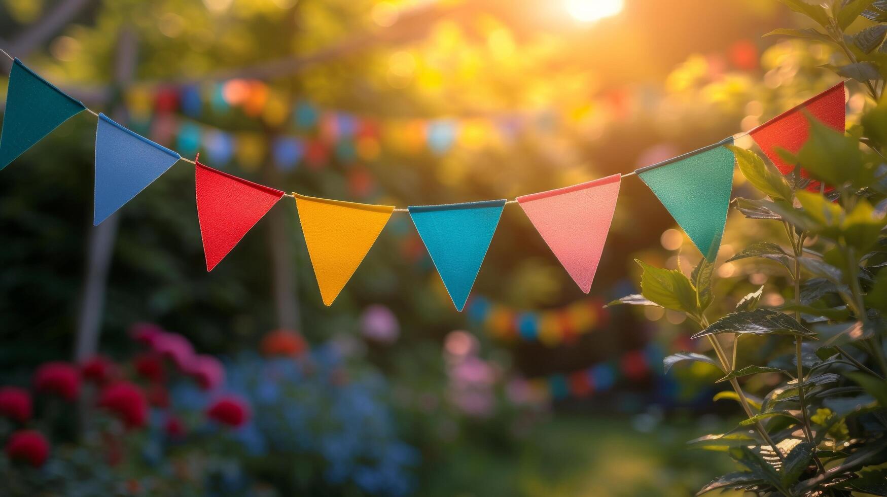 AI generated multi-colored garland in the form of triangular flags on a blurred background of a summer garden photo