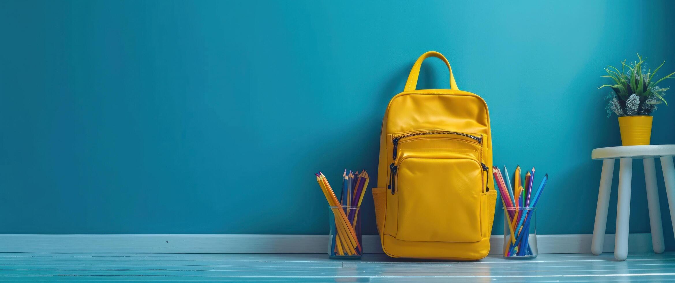 AI generated an outfit includes school supplies in the back of yellow backpack photo