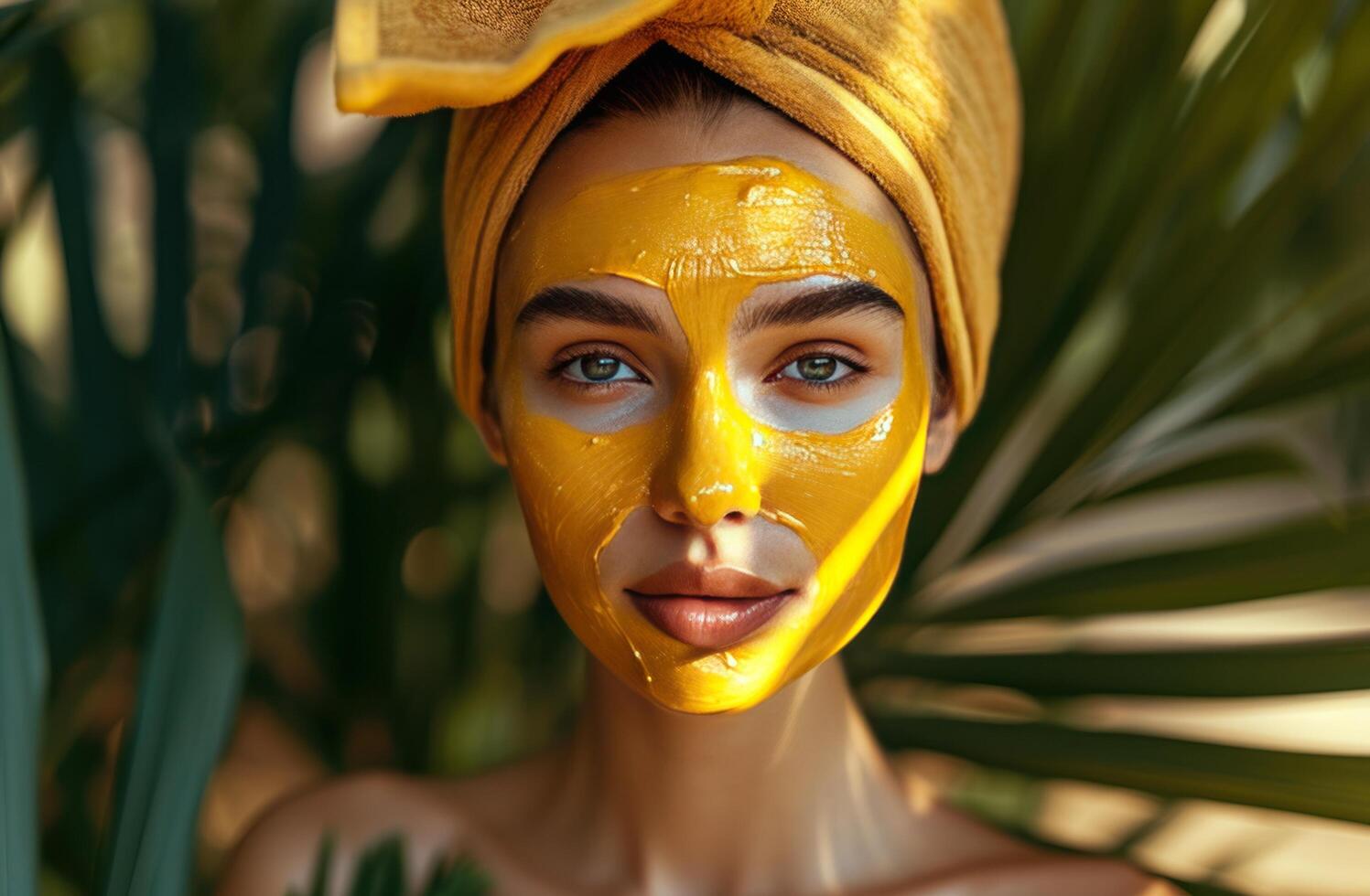 AI generated beautiful woman wearing honey mask in the morning with white facial skin photo