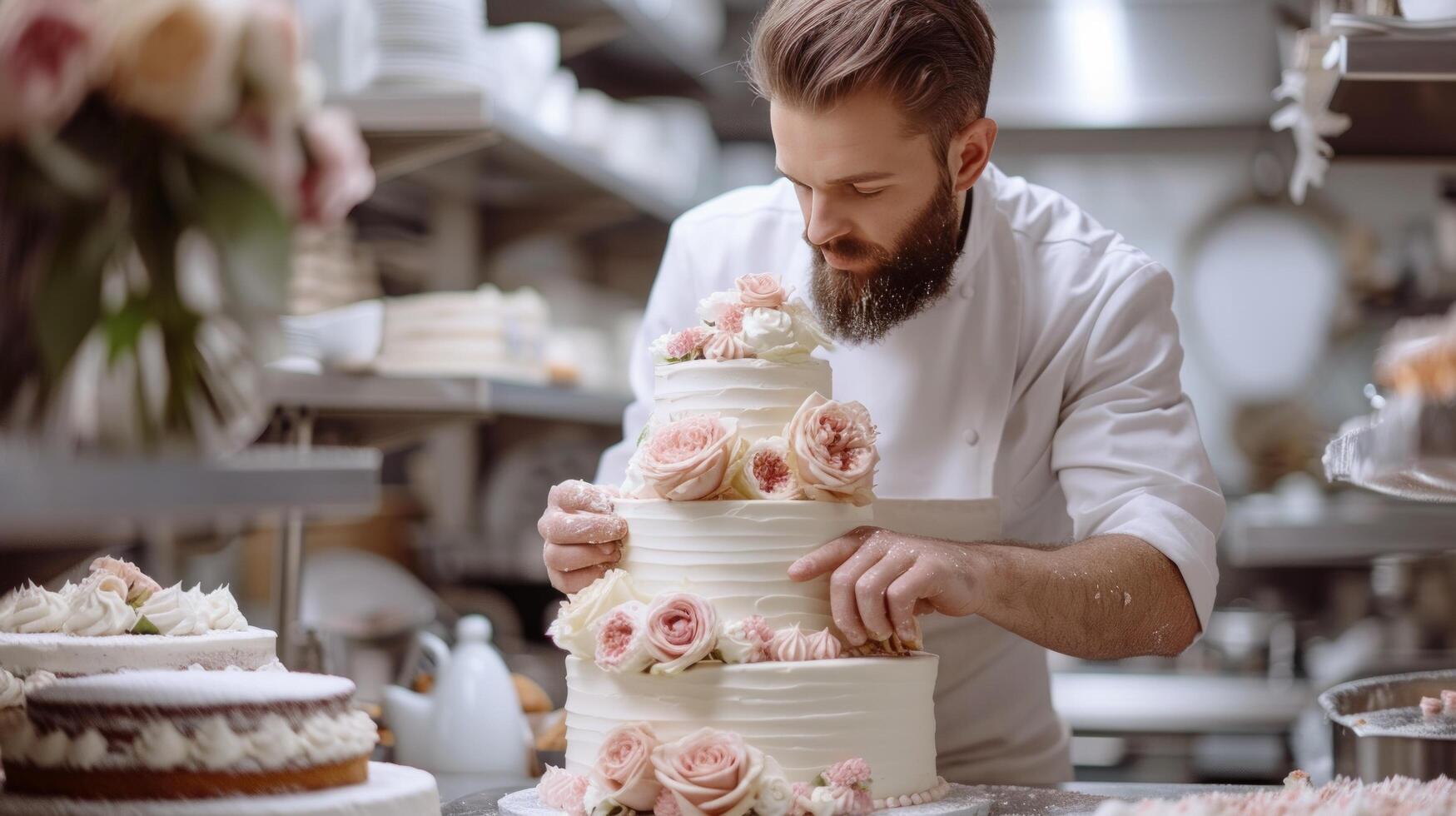 AI generated Young handsome pastry chef bakes a wedding three-tiered white cake with flowers in a bakery photo