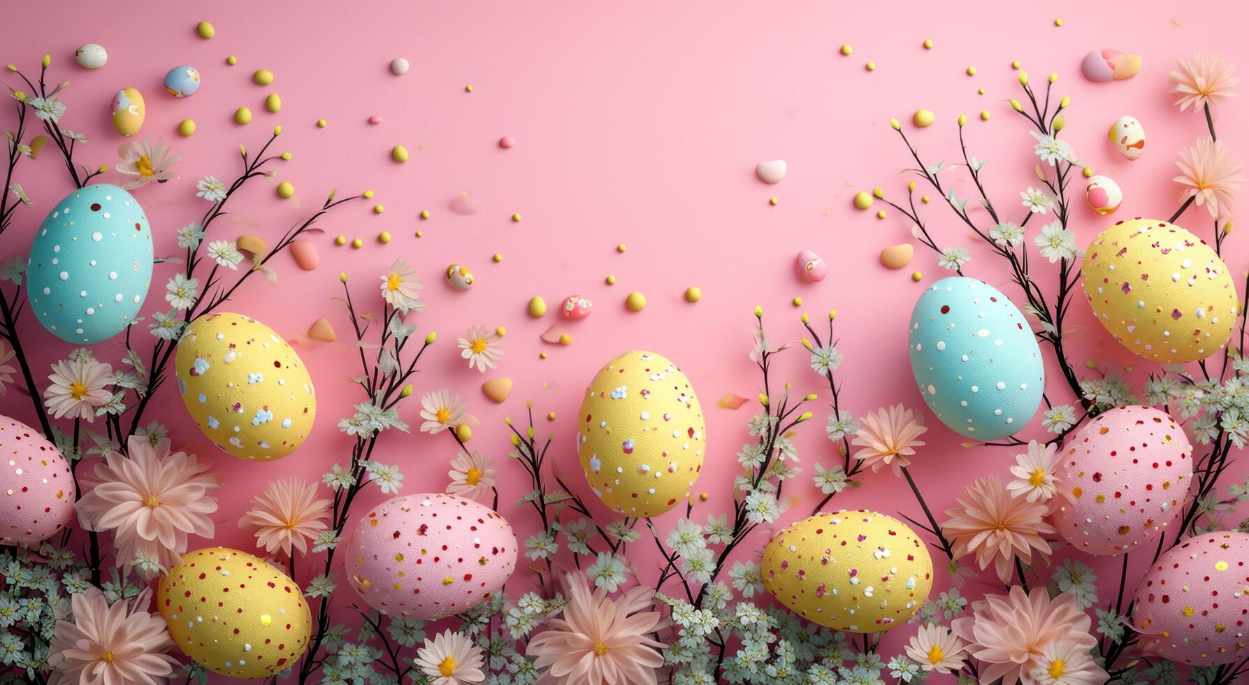 AI generated pink background with easter eggs and flowers easter background photo