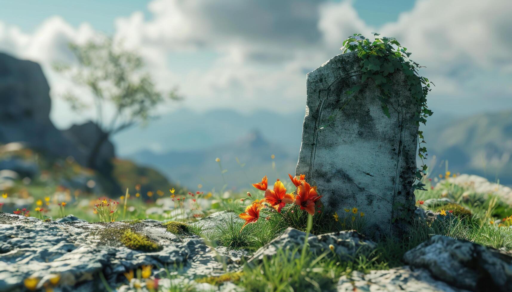 AI generated a gravestone with the word rip on it on a hill photo