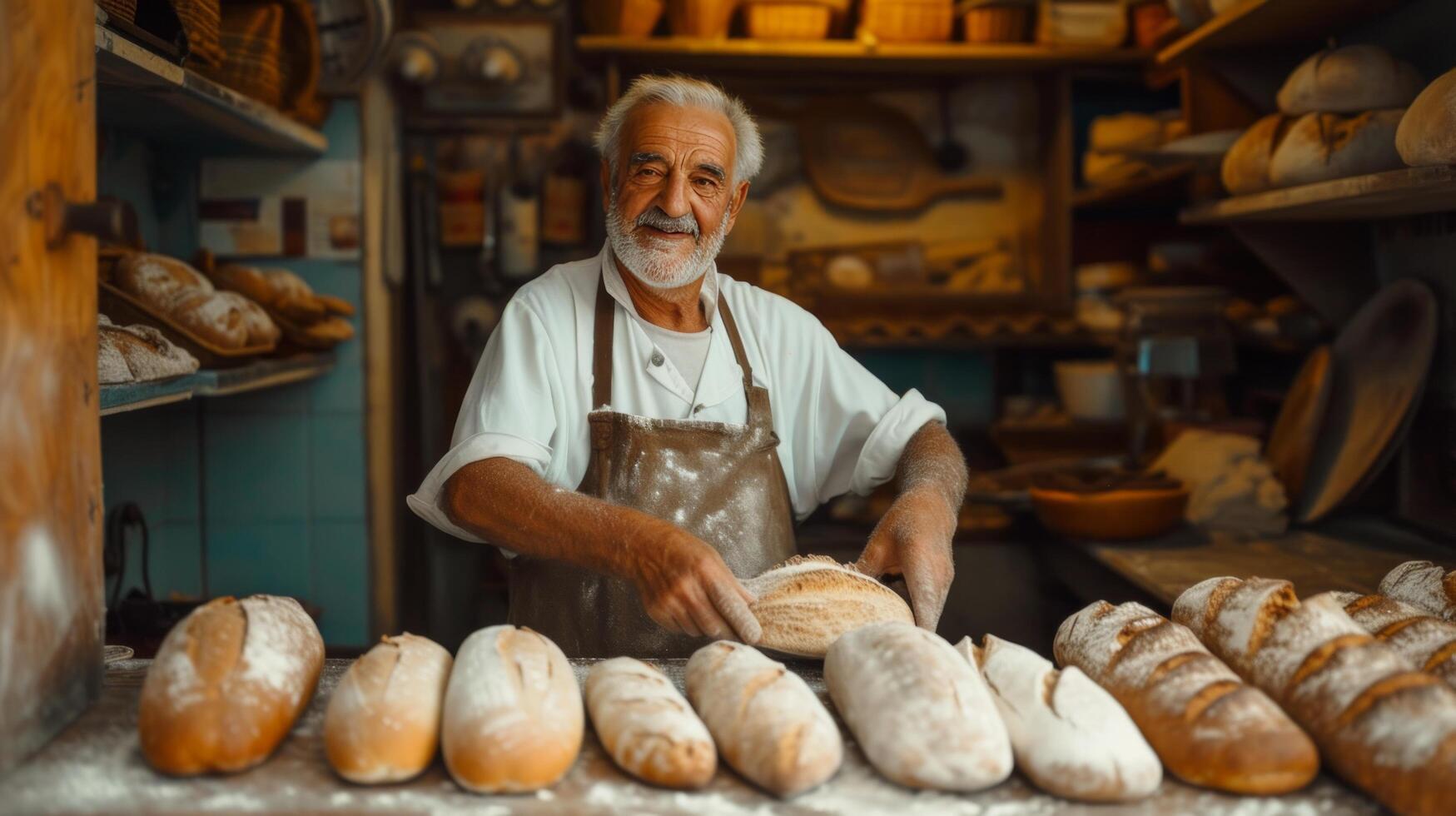 AI generated An old baker bakes bread in his small cozy Italian style bakery. photo