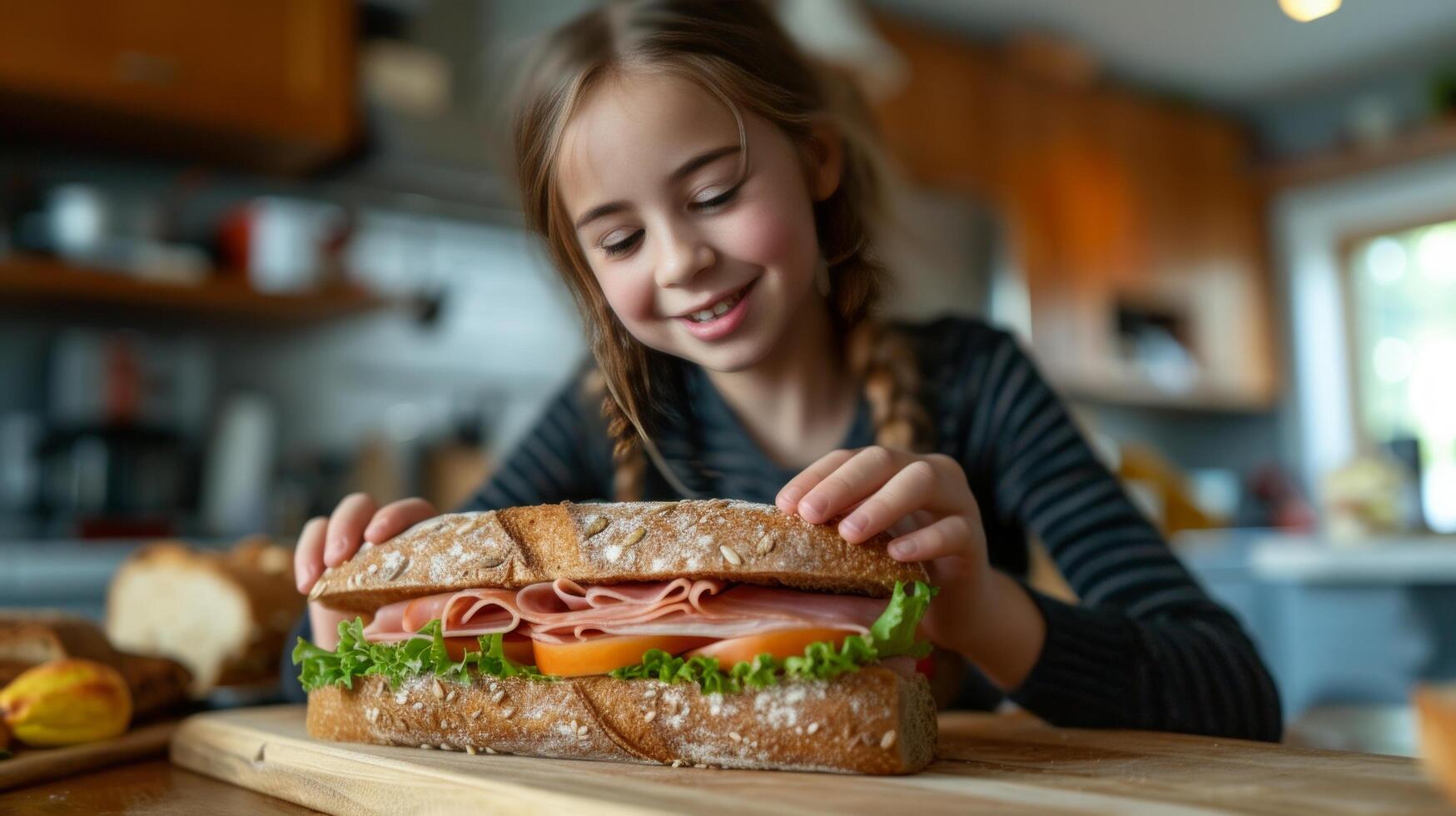 ai generado un 12 años de edad niña prepara un grande jamón emparedado foto