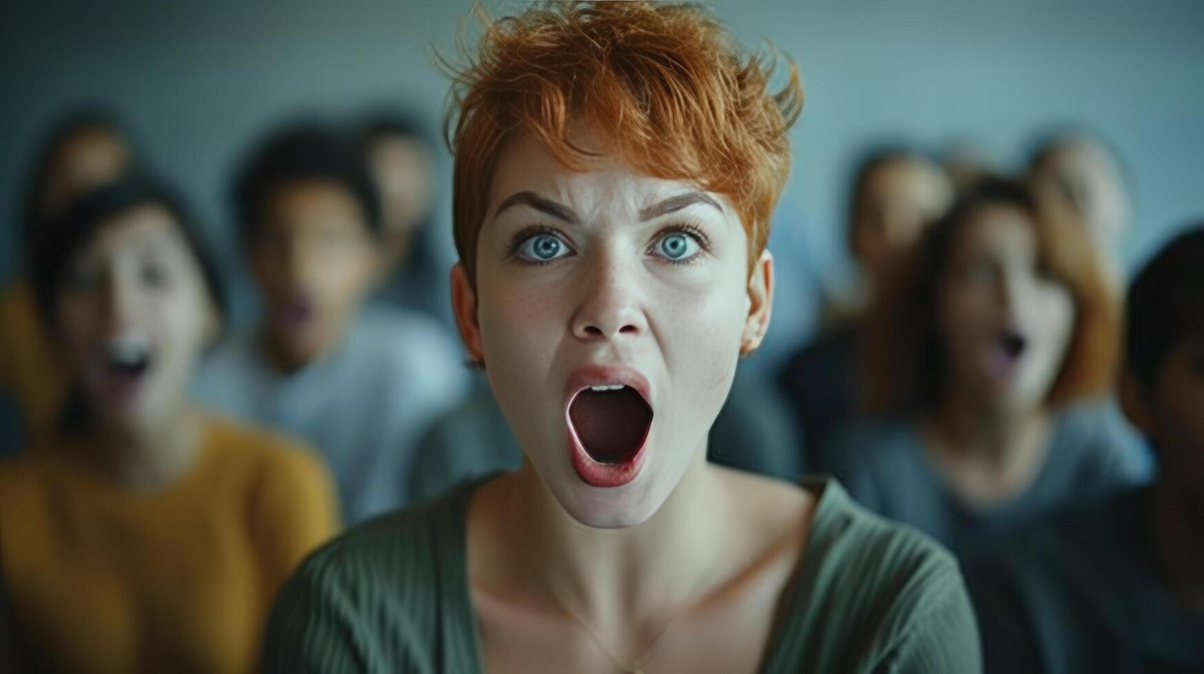 AI generated Angry red-haired teacher with short hair screams loudly and opens her mouth wide to students in class photo