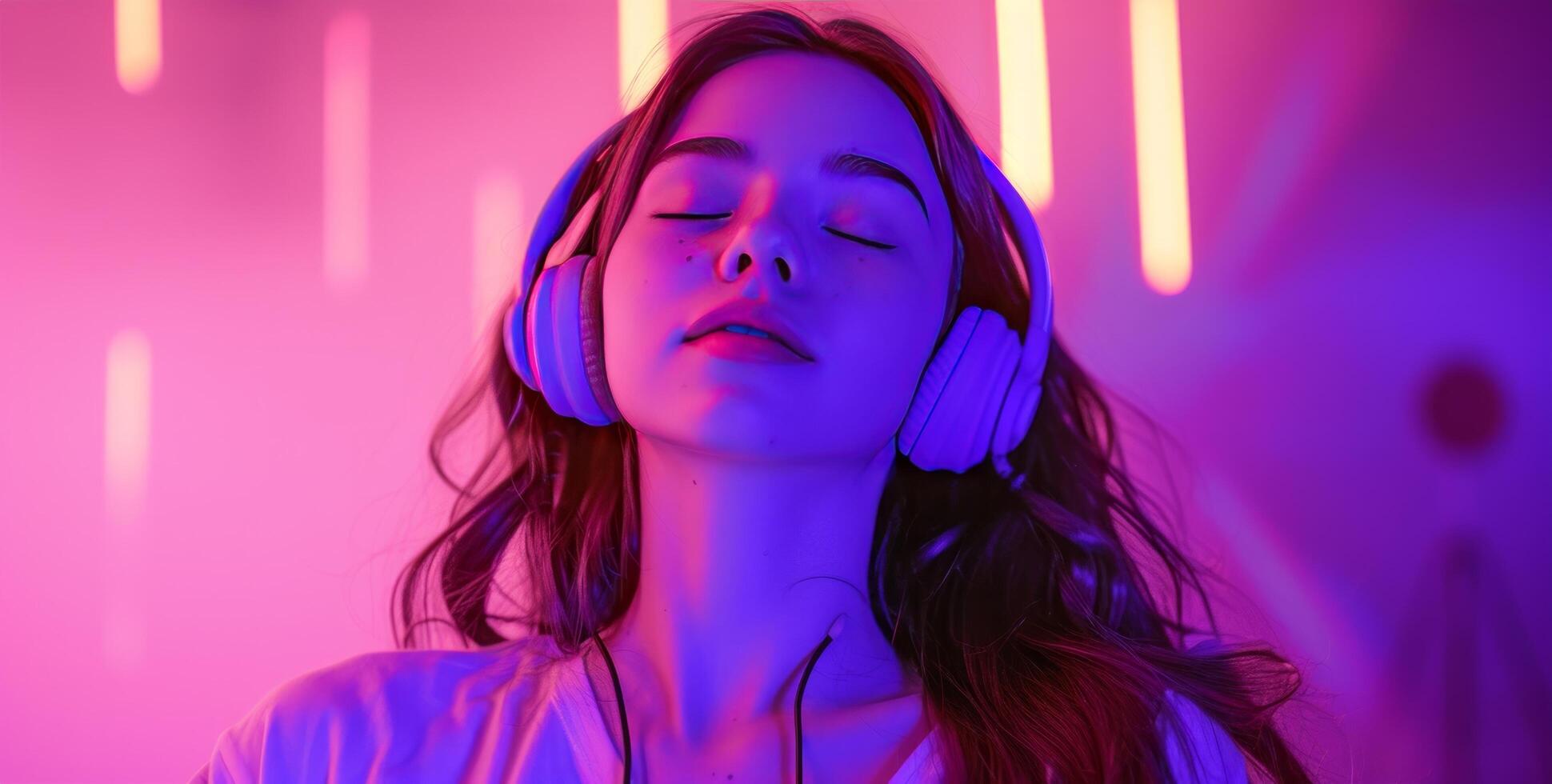 AI generated a girl has headphones on and is dancing in front of a purple background photo