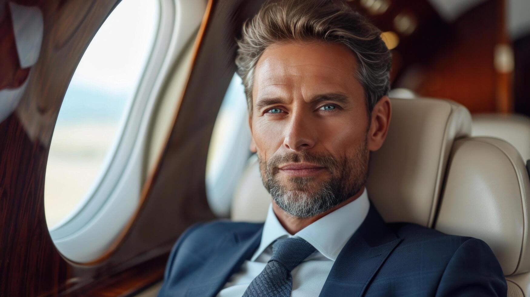 AI generated elegant business man sitting in luxury business jet photo