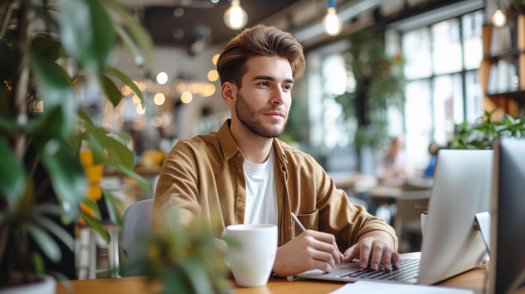 ai generado el joven hombre bebidas café y trabajos en el computadora en el moderno oficina foto