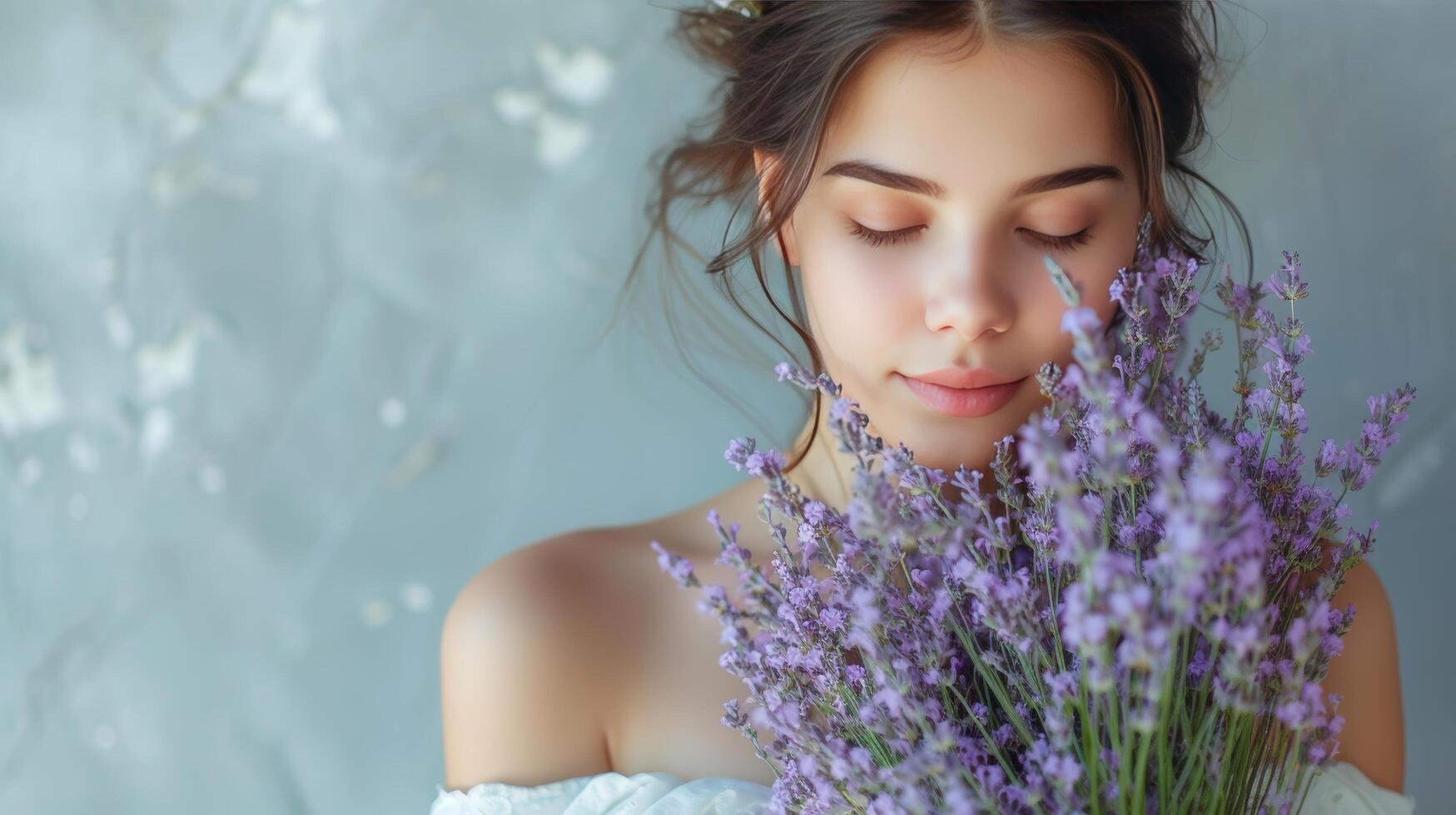 AI generated An enchanting woman, a vision in white, cradling a bouquet of delicate lavender blooms photo