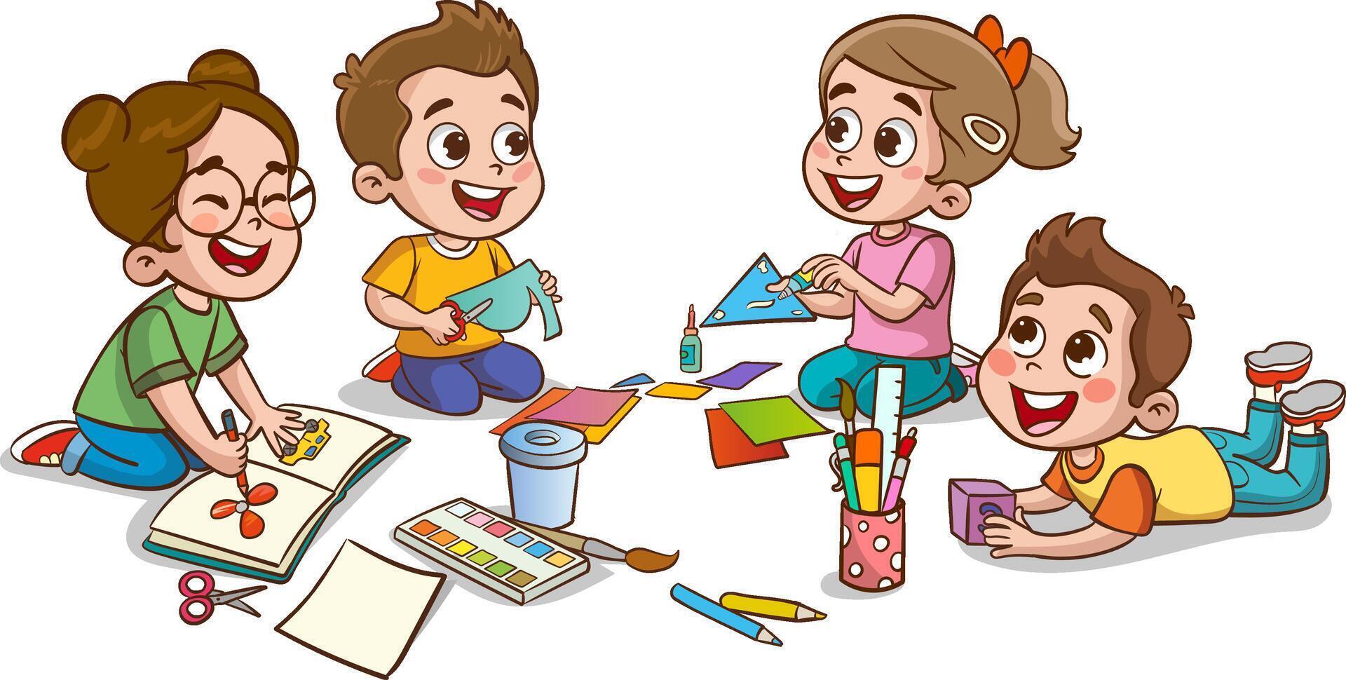 niños dibujo con lapices y pinturas vector ilustración de un grupo de niños.pequeños linda niños cortar papel para Arte con amigo.