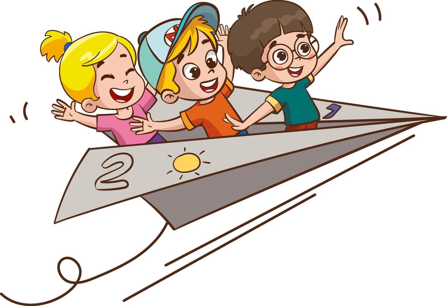 Cartoon Kids Flying With Paper Plane.kids ride paper plane vector illustration