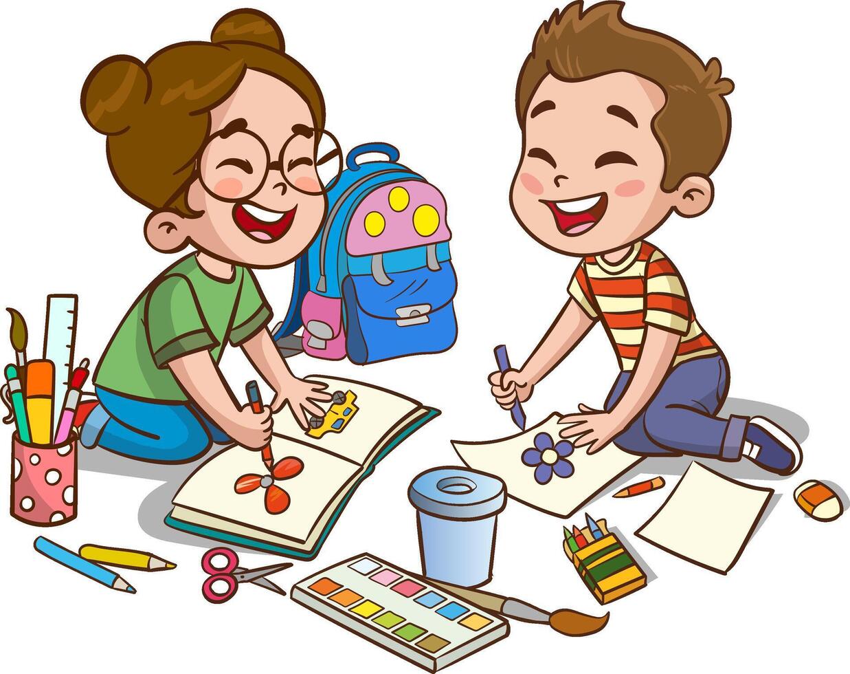 vector illustration of happy kids drawing with crayons.Happy little kids drawing painting together lying on the floor.