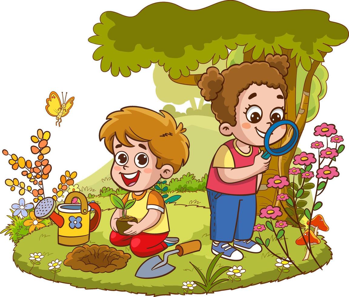 vector illustration of kids planting trees in the garden