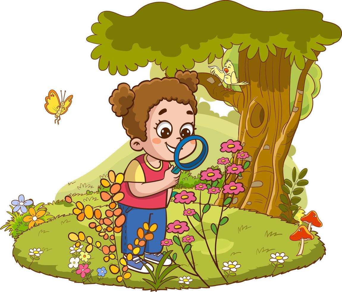 child girl looking at plants with a magnifying glass vector