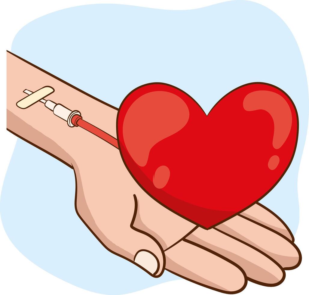 Blood donation concept Vector illustration.Medical background by day of donation.Donor day.Big heart on donner's hand connected to vein.