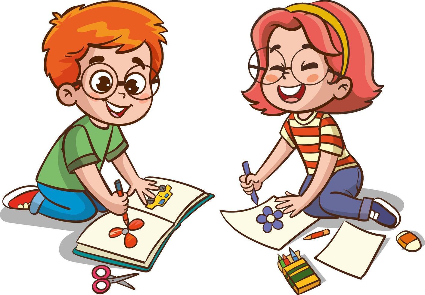 vector illustration of happy kids drawing with crayons.Happy little kids drawing painting together lying on the floor.