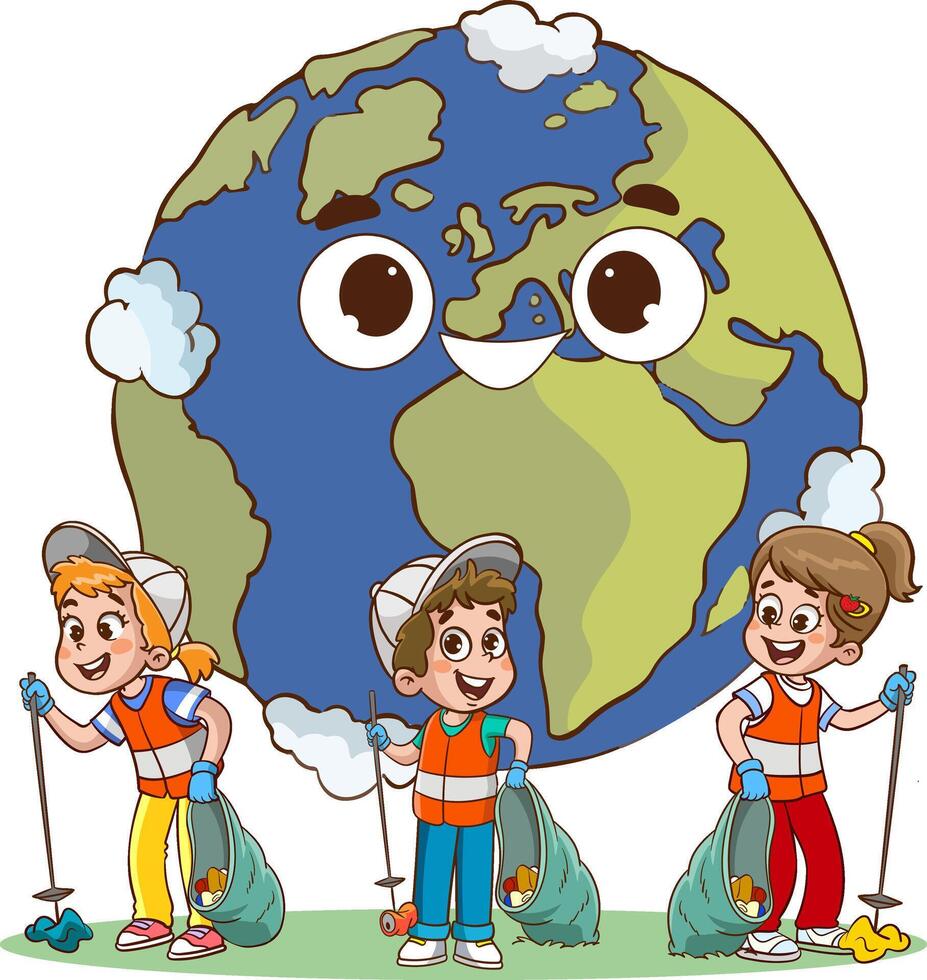 happy world and children clean the environment from garbage vector