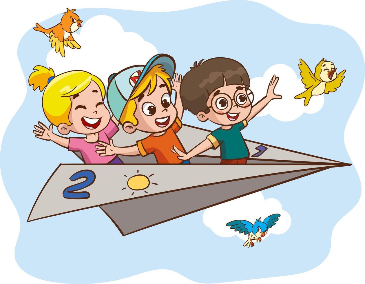 dibujos animados niños volador con papel avión.niños paseo papel avión vector ilustración