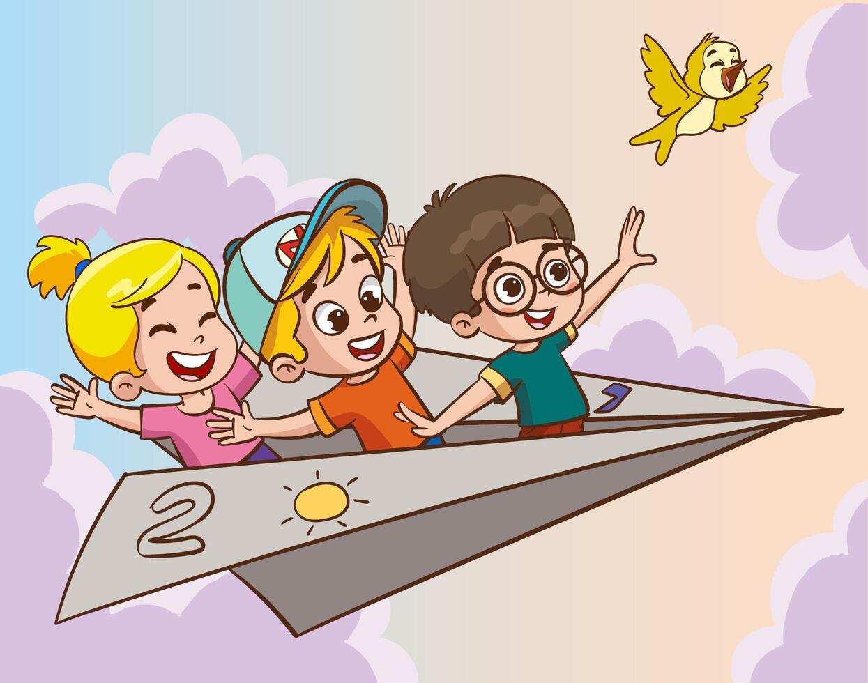 Cartoon Kids Flying With Paper Plane.kids ride paper plane vector illustration