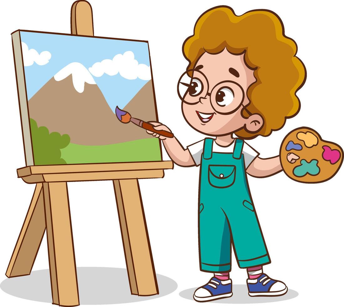 linda artista pequeño niños pintura en lona vector ilustración