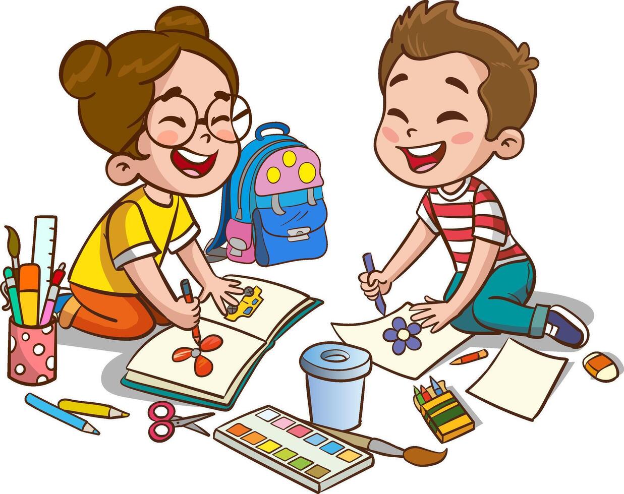 vector illustration of happy kids drawing with crayons.Happy little kids drawing painting together lying on the floor.