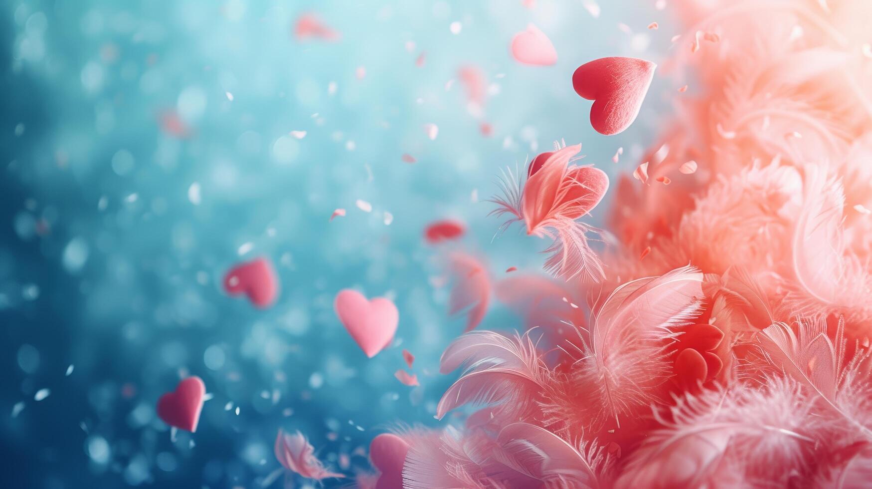 AI generated A surreal background with floating hearts and feathers, capturing the whimsy of love photo