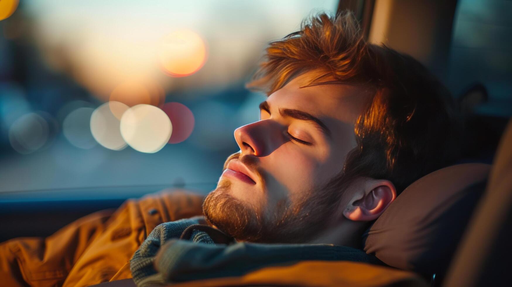 AI generated young man fell asleep at the wheel of a car photo