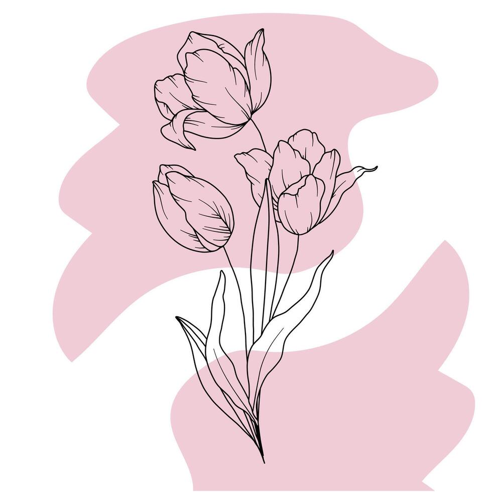 Tulips Line Drawing. Black and white Floral Bouquets. Flower Coloring Page. Floral Line Art. Fine Line Tulips illustration. Hand Drawn flowers. Botanical Coloring. Wedding invitation flowers vector